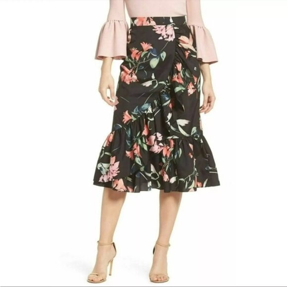 Eliza J Dresses & Skirts - Eliza J Black Floral Taffeta Ruffle Flouncy Skirt.  SZ 10